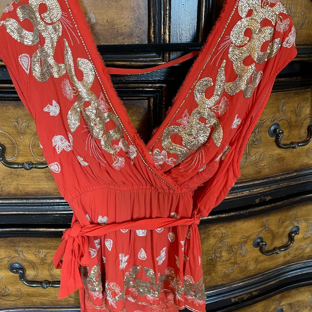 Free People SMALL Ooh La La $168 Embellished Top ORANGE RUST Anthropologie